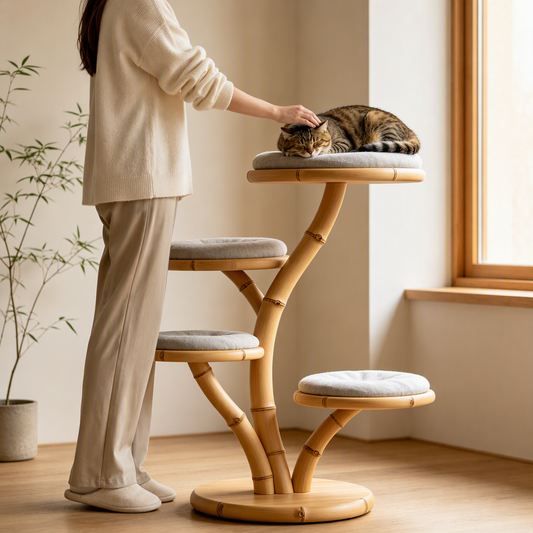 111111Natural Bamboo Tree‑Shaped Cat Tree, 4‑Level Perch Cat Tower with Soft Cushions, Japandi Handmade Solid Bamboo Cat Furniture, Sustainable Cat Activity Tree for Indoor Cats(副本)