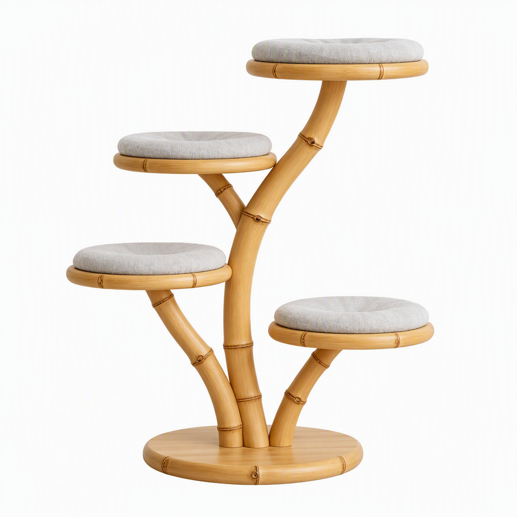 Natural Bamboo Tree‑Shaped Cat Tree, 4‑Level Perch Cat Tower with Soft Cushions