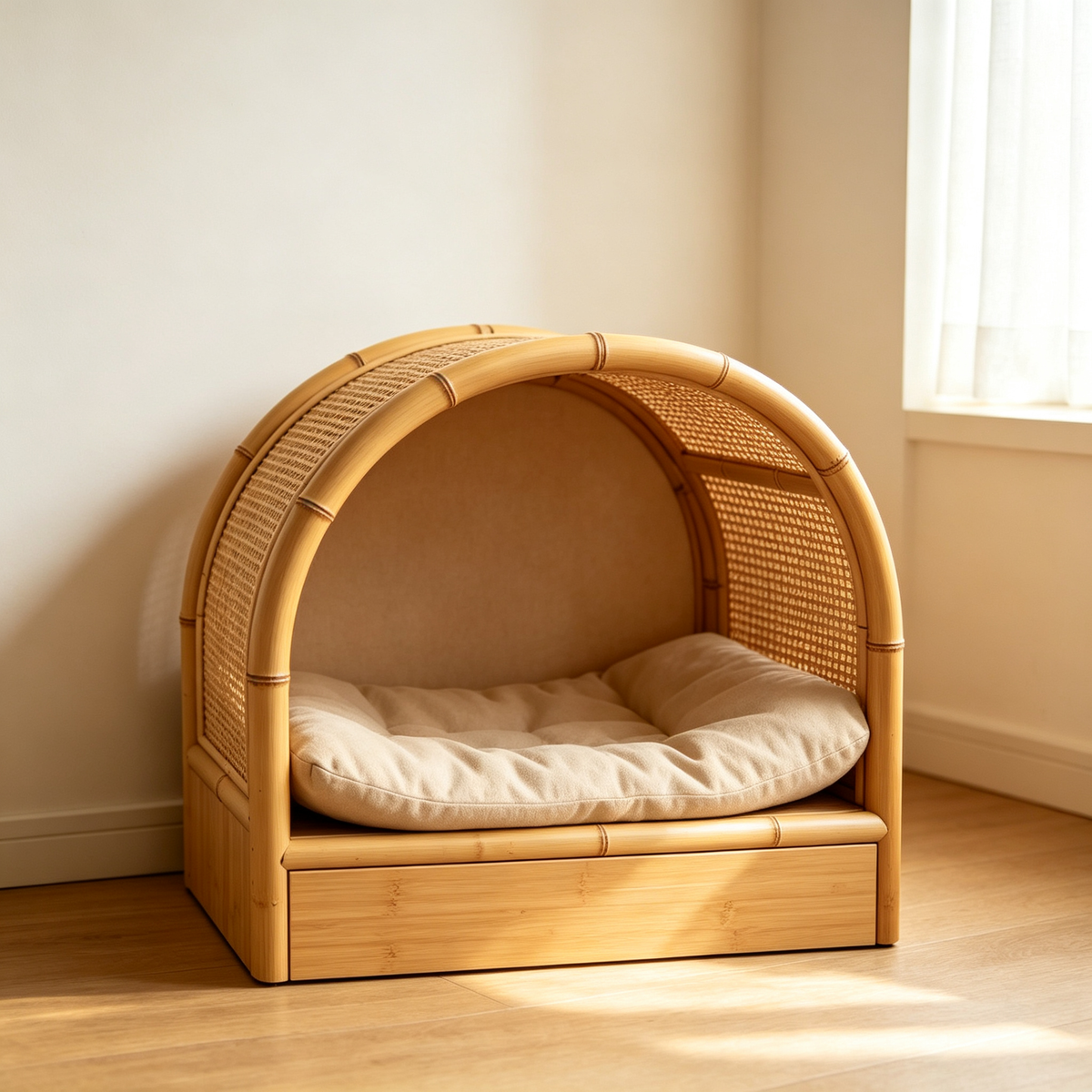 Bamboo Rattan Arched Cat House with Storage Drawer & Cushion