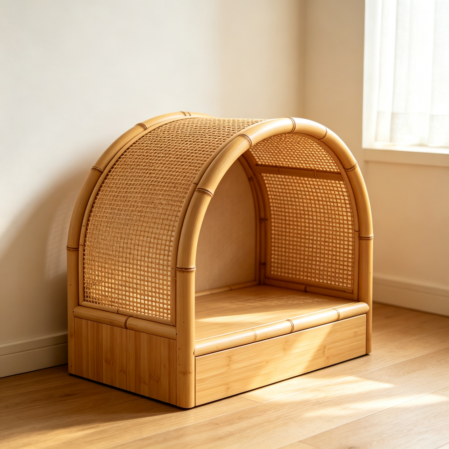 Bamboo Rattan Arched Cat House with Storage Drawer & Cushion