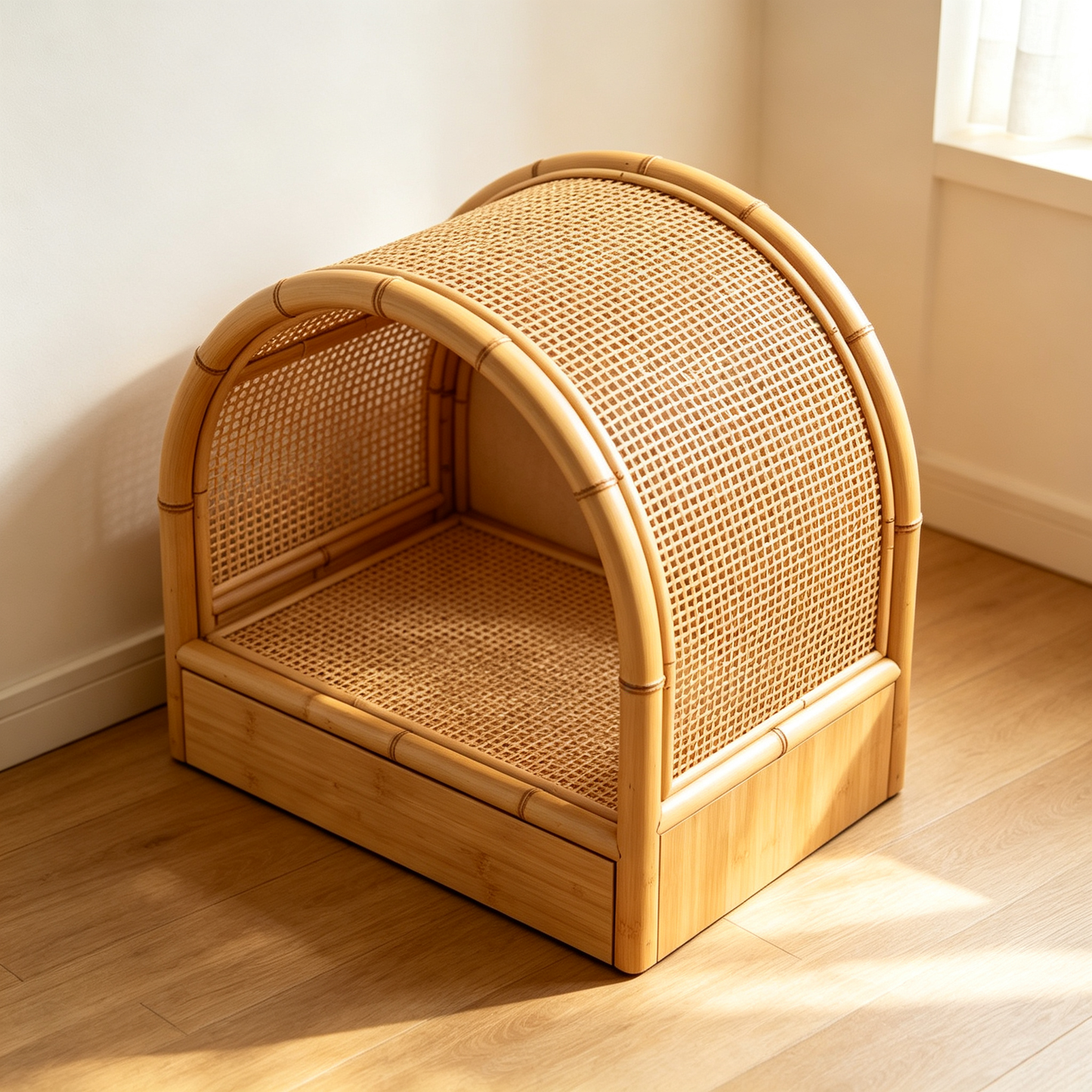 Bamboo Rattan Arched Cat House with Storage Drawer & Cushion