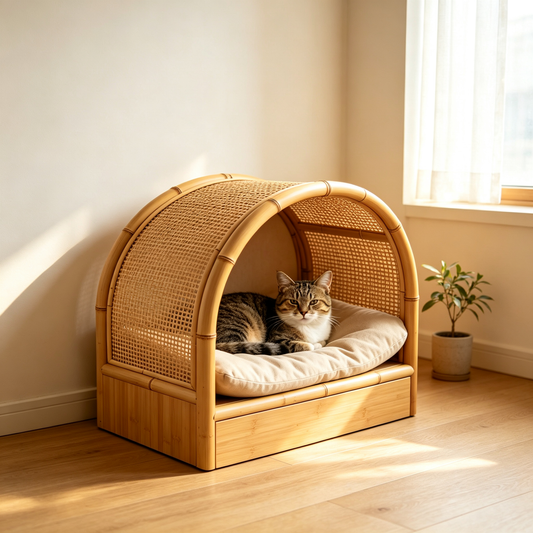 Bamboo Rattan Arched Cat House with Storage Drawer & Cushion