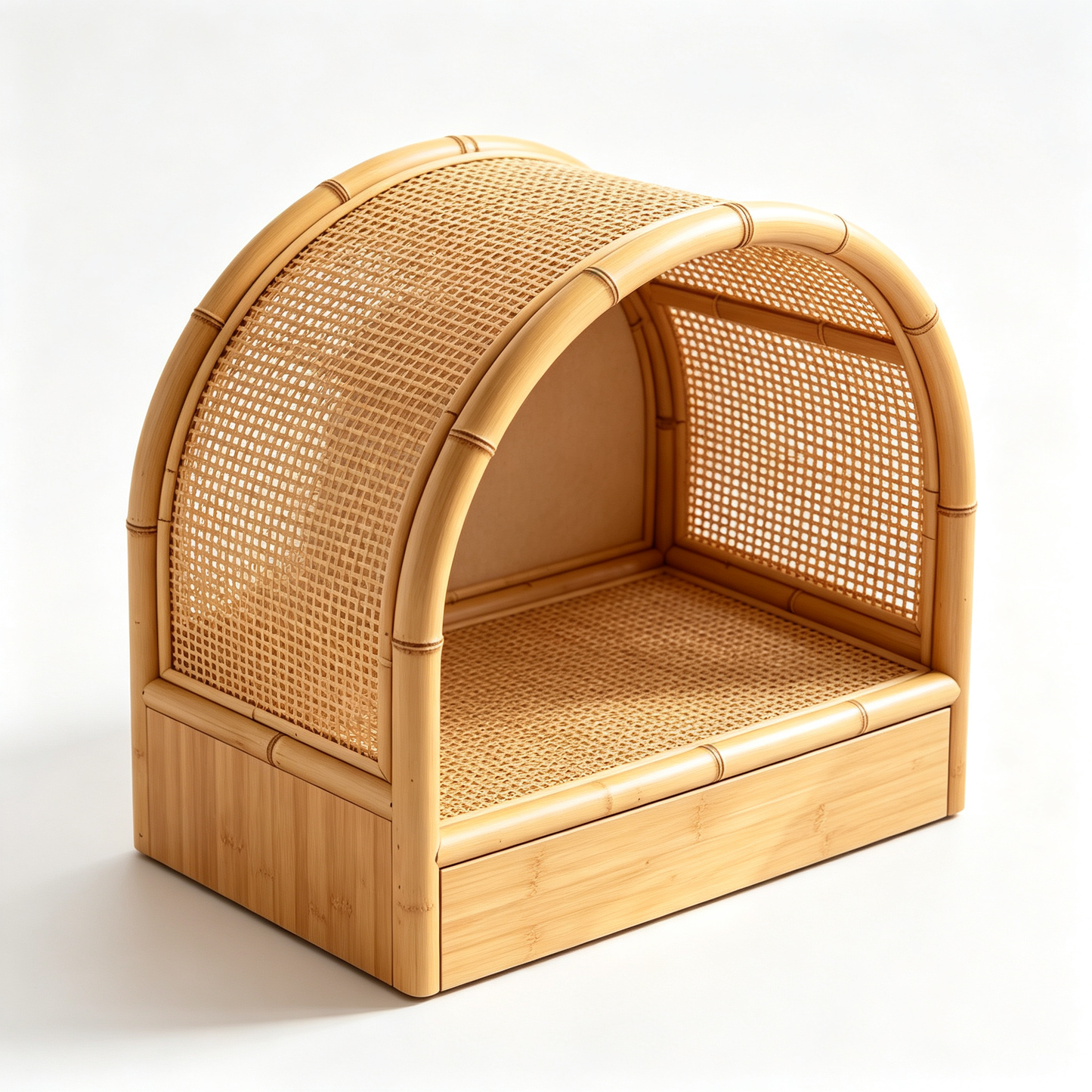 Bamboo Rattan Arched Cat House with Storage Drawer & Cushion