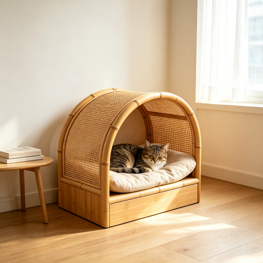 Bamboo Rattan Arched Cat House with Storage Drawer & Cushion