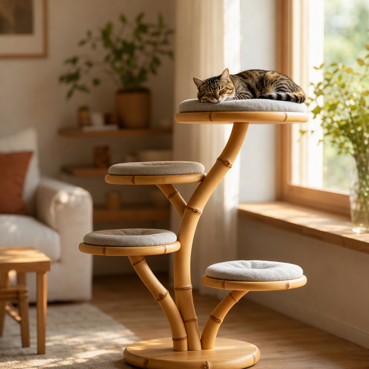 111111Natural Bamboo Tree‑Shaped Cat Tree, 4‑Level Perch Cat Tower with Soft Cushions, Japandi Handmade Solid Bamboo Cat Furniture, Sustainable Cat Activity Tree for Indoor Cats（副本）