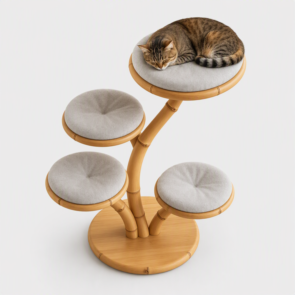 111111Natural Bamboo Tree‑Shaped Cat Tree, 4‑Level Perch Cat Tower with Soft Cushions, Japandi Handmade Solid Bamboo Cat Furniture, Sustainable Cat Activity Tree for Indoor Cats（副本）