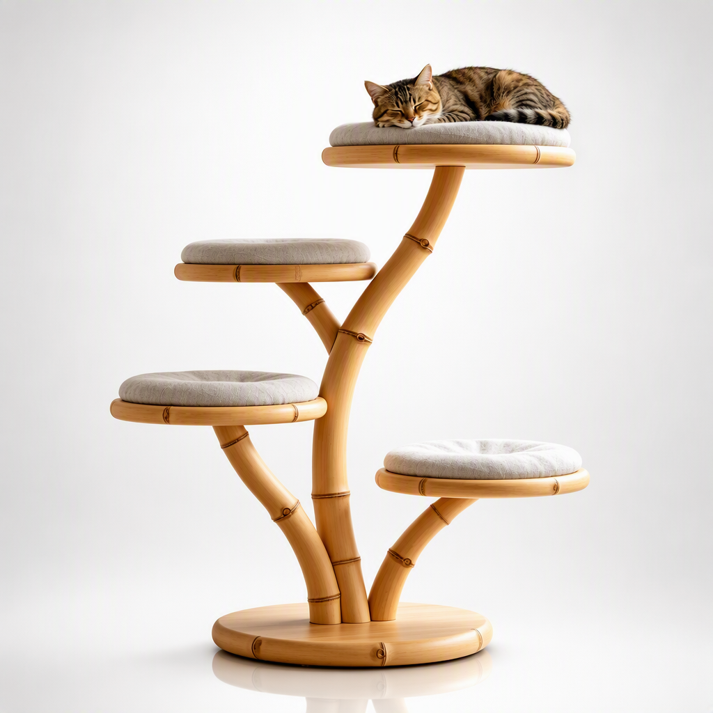 111111Natural Bamboo Tree‑Shaped Cat Tree, 4‑Level Perch Cat Tower with Soft Cushions, Japandi Handmade Solid Bamboo Cat Furniture, Sustainable Cat Activity Tree for Indoor Cats（副本）